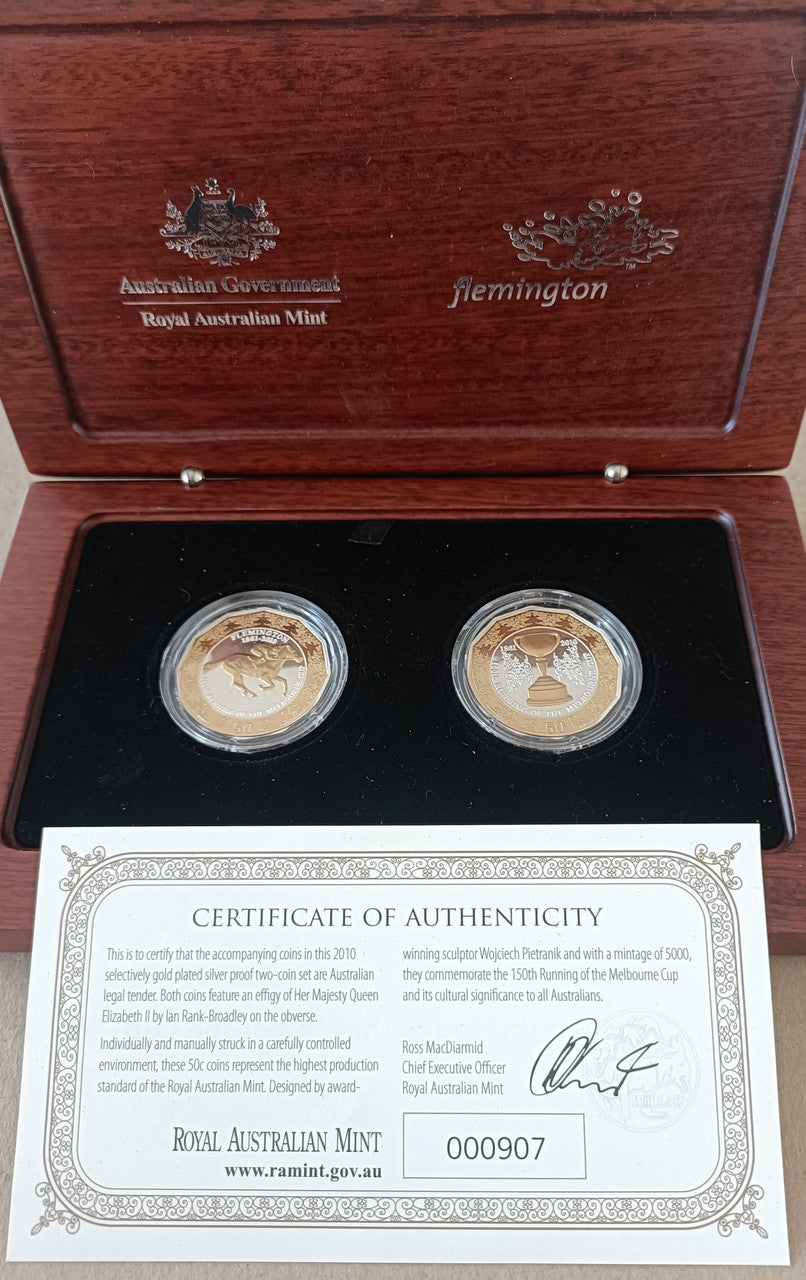 2010 150th Running of the Melbourne Cup Selectively Gold Plated 50c Silver Proof Two Coin Set