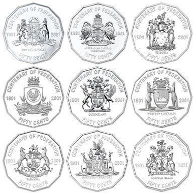 2001 Centenary of Federation 50 cents 9 coins set - Circulated