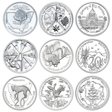 2001 Centenary of Federation 20 cents 9 coin set - Circulated