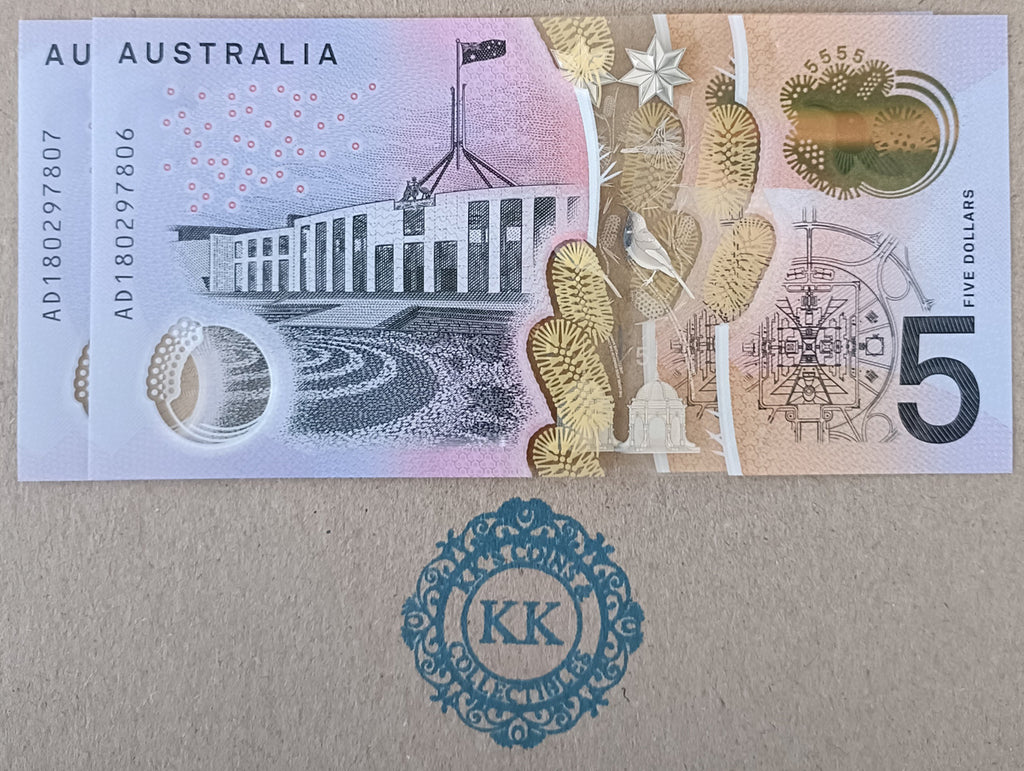 2018 Australia $5 Consecutive Pair Banknote AD18 0297806 & 807 aUNC/UNC