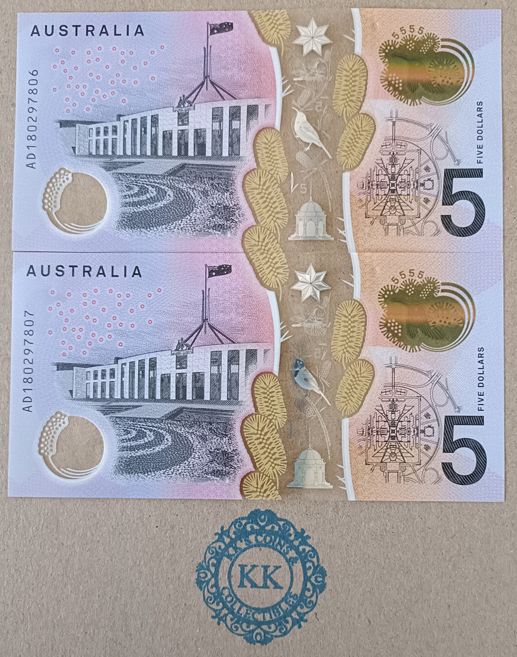 2018 Australia $5 Consecutive Pair Banknote AD18 0297806 & 807 aUNC/UNC