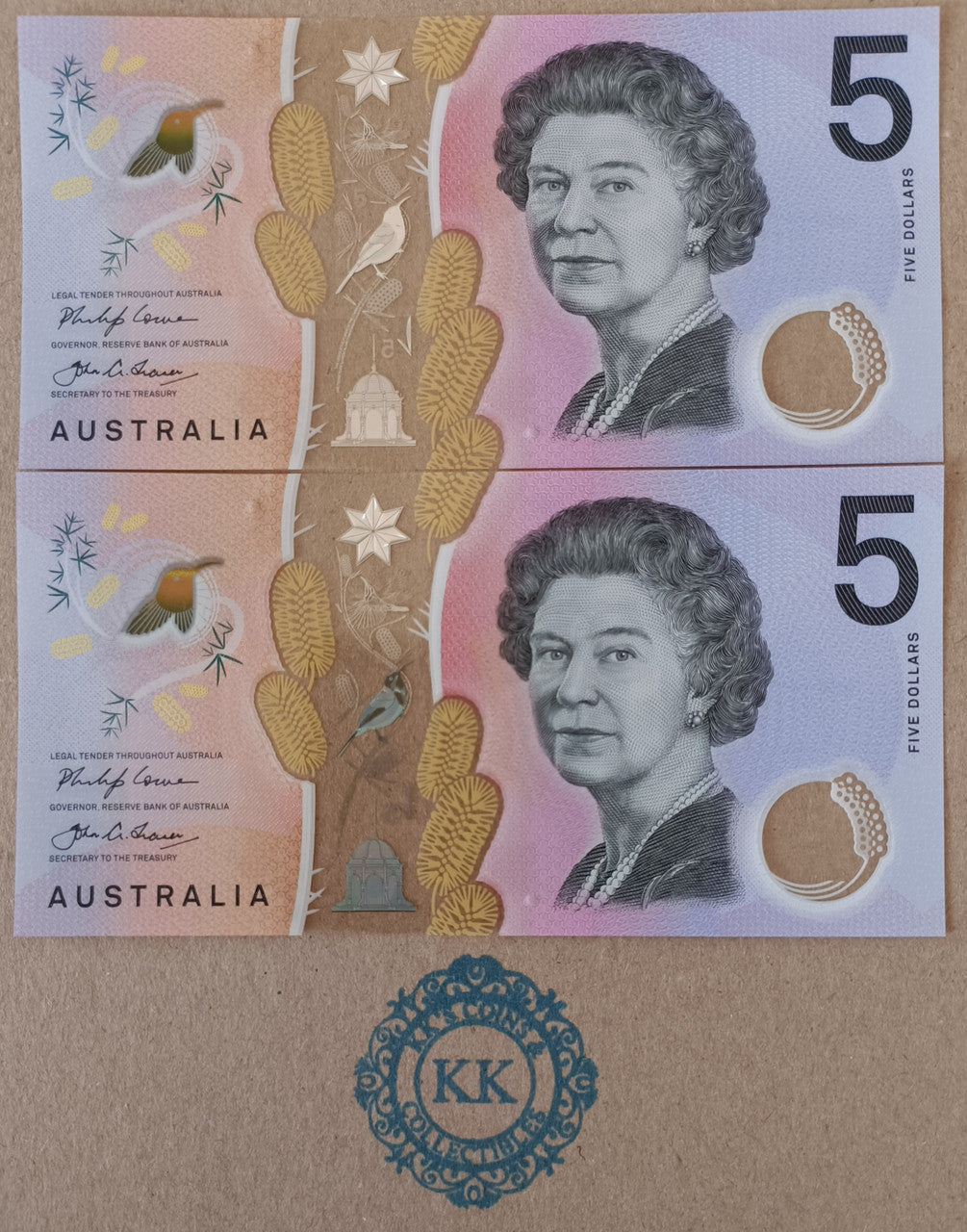 2018 Australia $5 Consecutive Pair Banknote AD18 0297806 & 807 aUNC/UNC