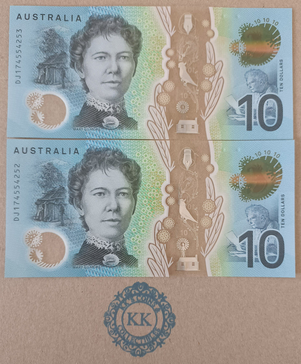 2017 Australia $10 Consecutive Pair Banknotes DJ17 4554252 and 253