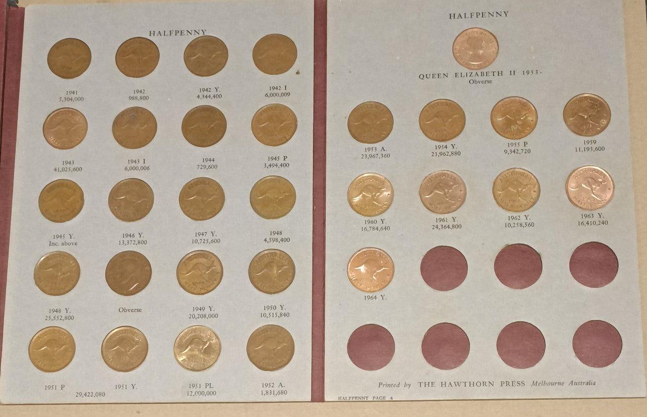 Australian 1911-1964 Complete Halfpenny Set - Including 1923 in Hawthorn Album