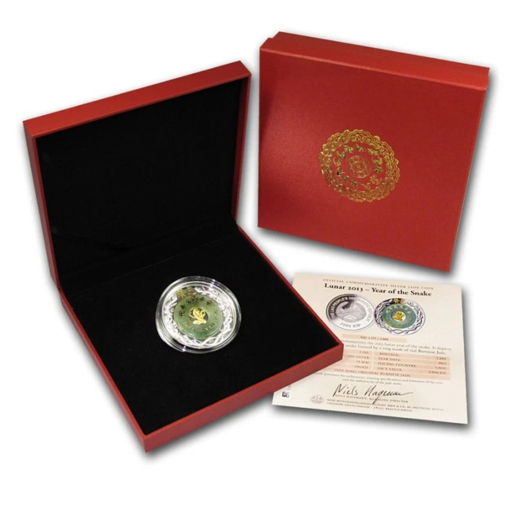 2013 Laos Lunar Snake 2000 Kip Jade Inlay Lunar 2oz Silver Gilded Proof Coin