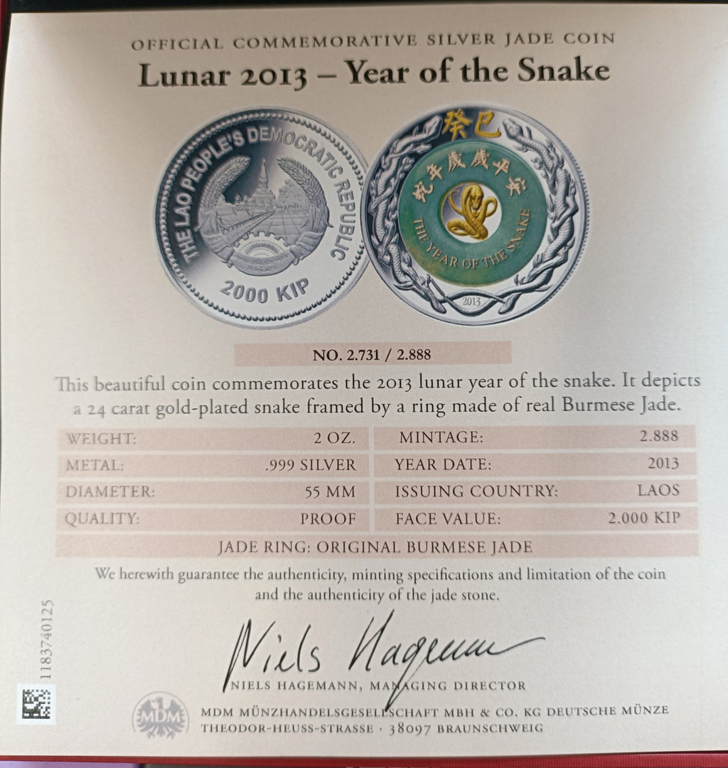 2013 Laos Lunar Snake 2000 Kip Jade Inlay Lunar 2oz Silver Gilded Proof Coin