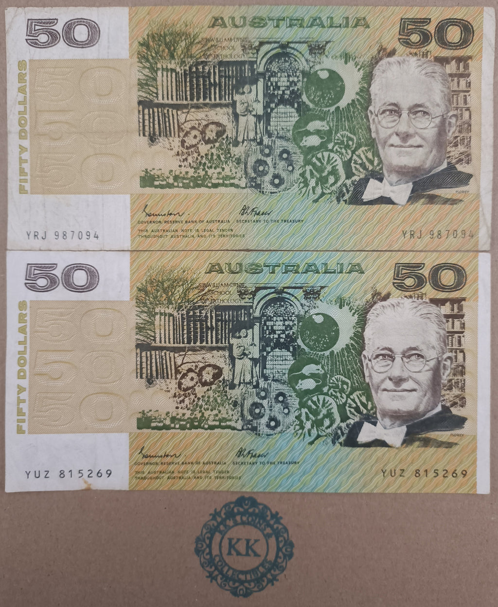 2 x1985 AUSTRALIAN JOHNSTON/FRASER OCRB & GOTHIC SERIALS $50 BANKNOTES R509a & b