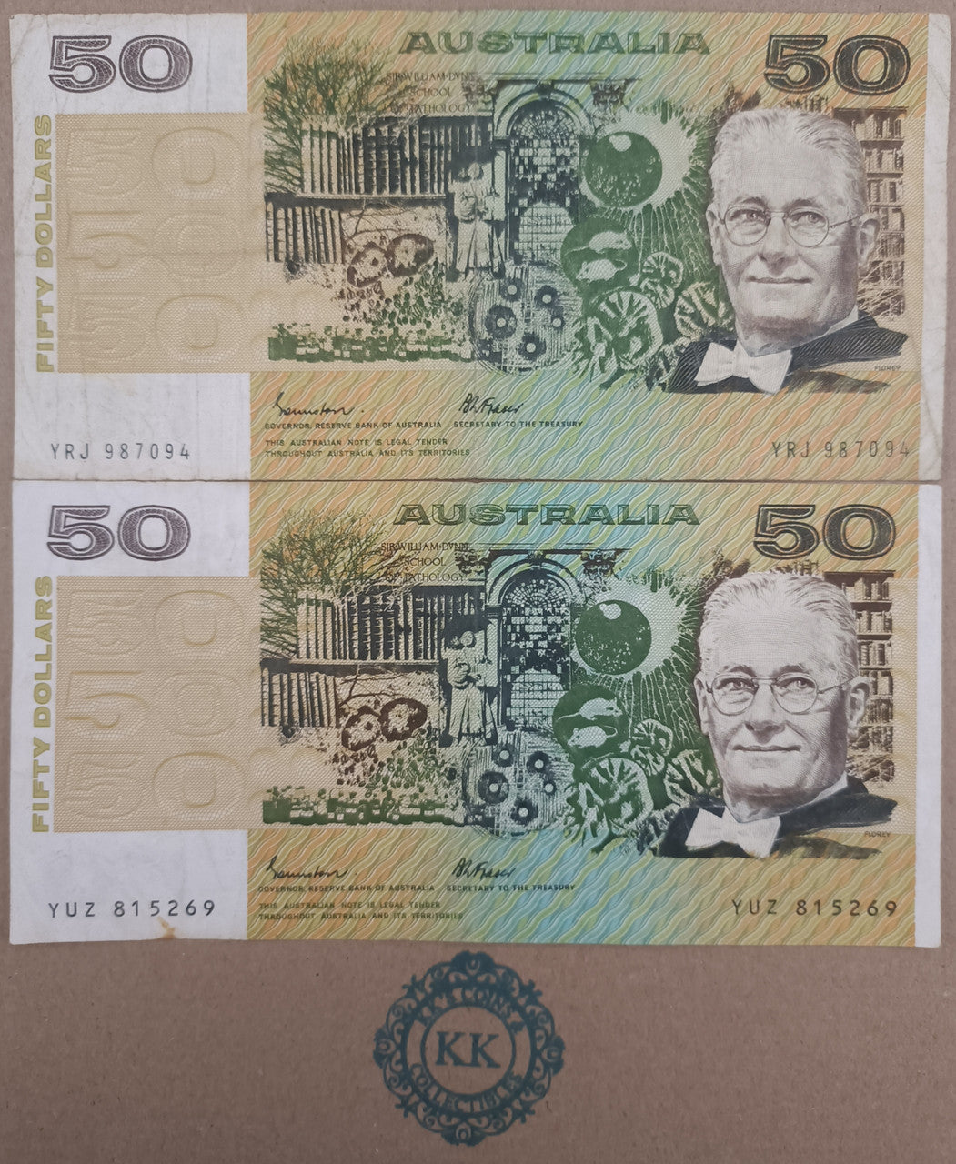 2 x1985 AUSTRALIAN JOHNSTON/FRASER OCRB & GOTHIC SERIALS $50 BANKNOTES R509a & b