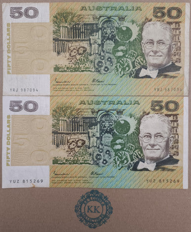 2 x1985 AUSTRALIAN JOHNSTON/FRASER OCRB & GOTHIC SERIALS $50 BANKNOTES R509a & b