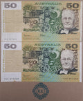 2 x1985 AUSTRALIAN JOHNSTON/FRASER OCRB & GOTHIC SERIALS $50 BANKNOTES R509a & b