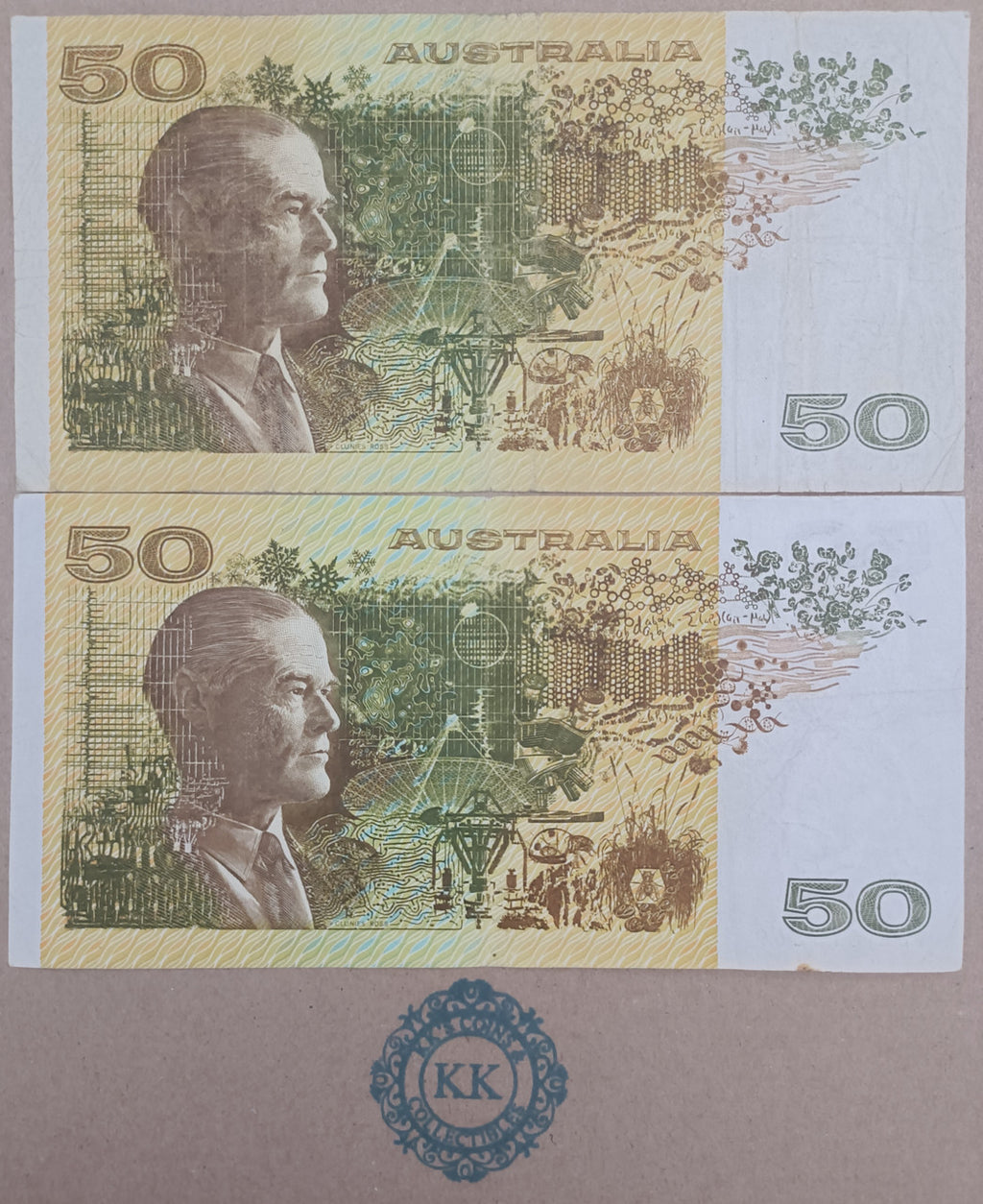 2 x1985 AUSTRALIAN JOHNSTON/FRASER OCRB & GOTHIC SERIALS $50 BANKNOTES R509a & b
