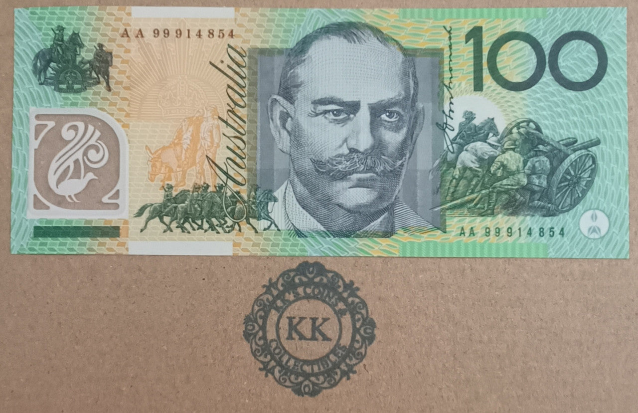 1999 Australia $100 Macfarlane/Evans First Prefix AA99 914854 aUNC/UNC