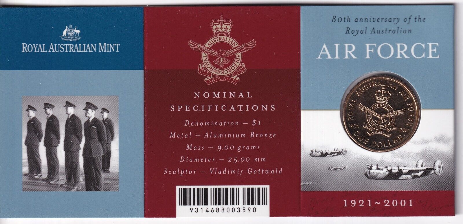 2001 80th Anniversary of Australian Air Force $1 coin in card