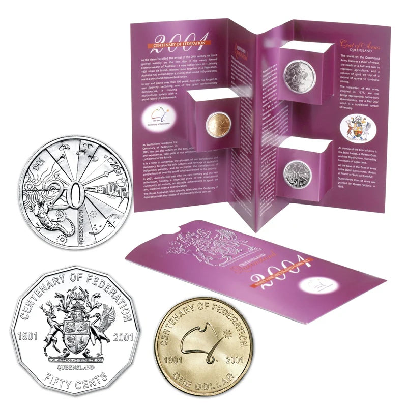 2001 Centenary of Federation $1, 50c and 20c Uncirculated 3 Coin Set - Queensland