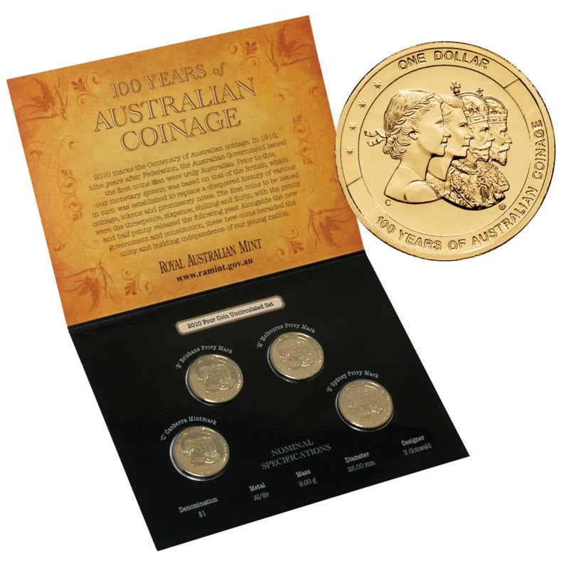 2010 100 Years of Australian Coinage (Effigies) $1 B, C, M, S Mint Mark 4 Coin Set