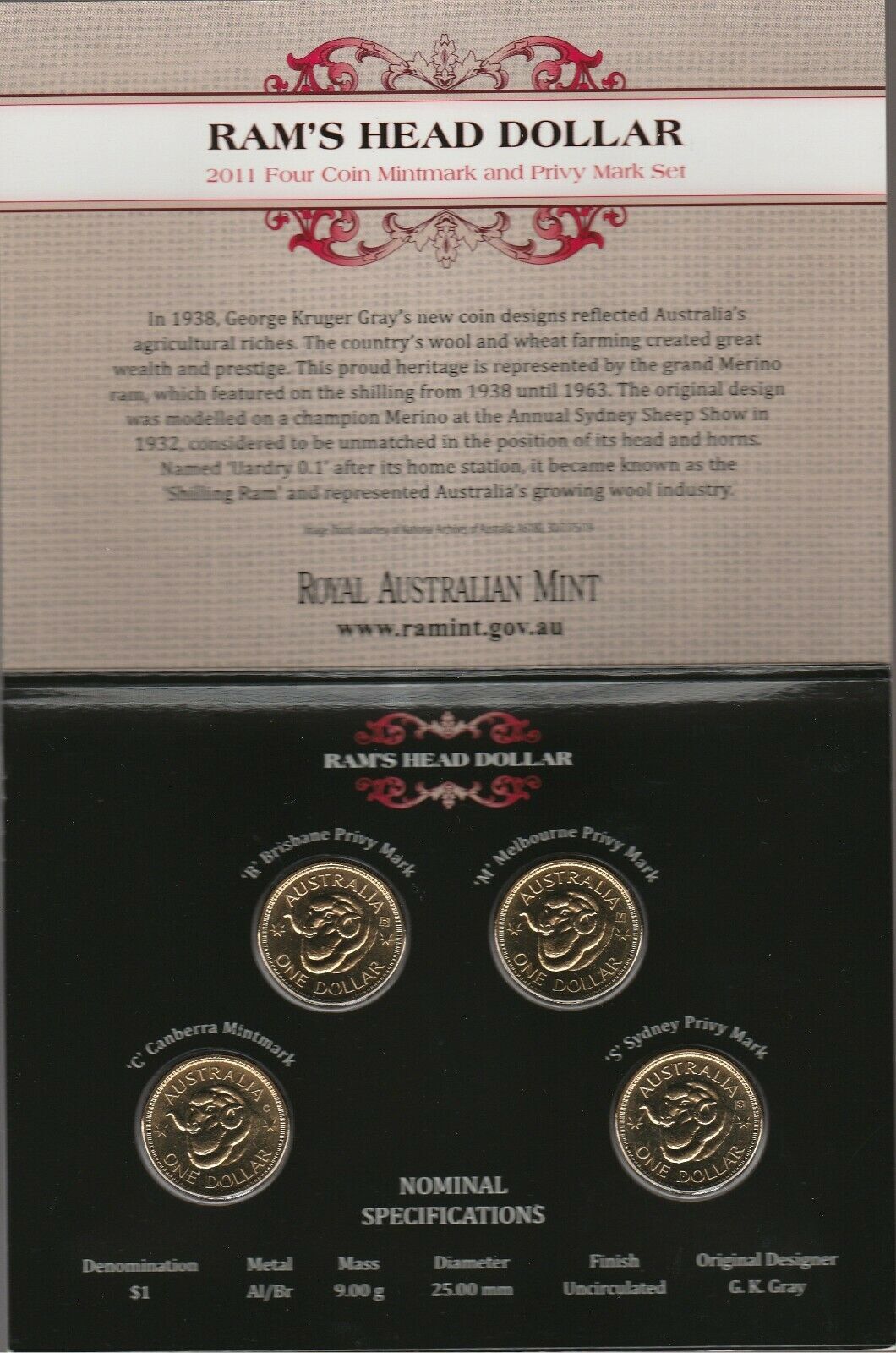 2011 Ram's Head Four $1 Coin Mintmark and Privy Mark Set