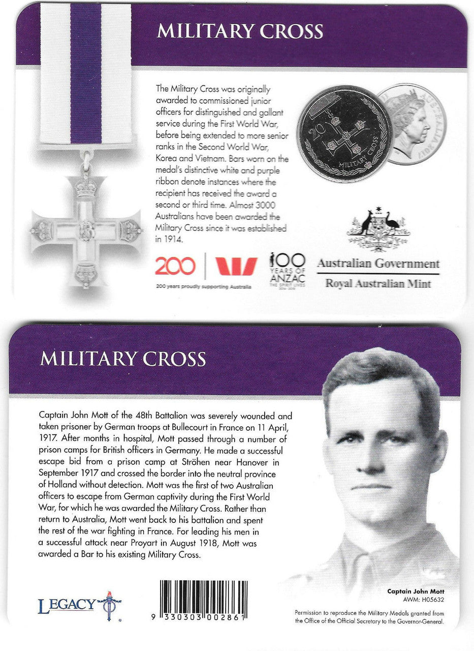 2017 Legends of ANZACs - Military Cross 20 Cent coin in card