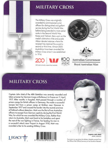 2017 Legends of ANZACs - Military Cross 20 Cent coin in card