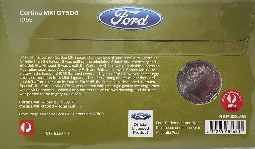 2017 50c Ford 1965 Cortina MK1 GT500 Coin & Stamp Cover PNC