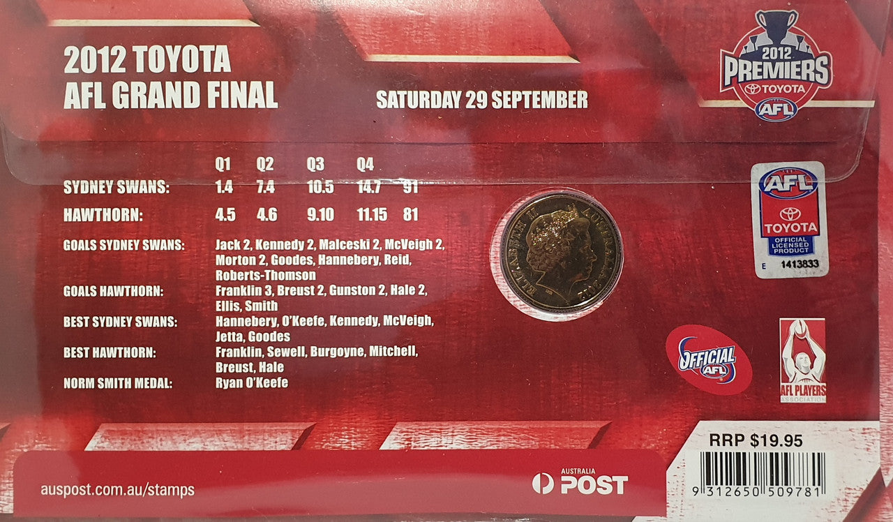2012 $1 AFL Premiers Sydney Swans Coin & Stamp Cover PNC