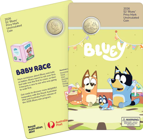 Full Set of 2026 Bluey $2 Carded Coins (5 Carded Coins)