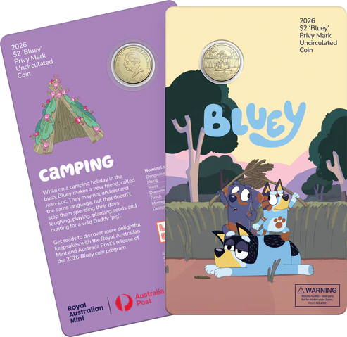 Full Set of 2026 Bluey $2 Carded Coins (5 Carded Coins)