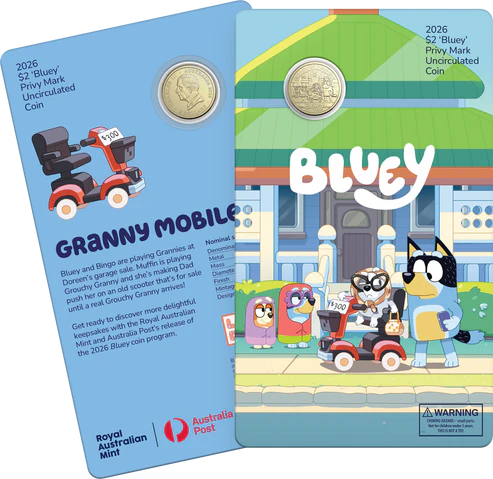 Full Set of 2026 Bluey $2 Carded Coins (5 Carded Coins)