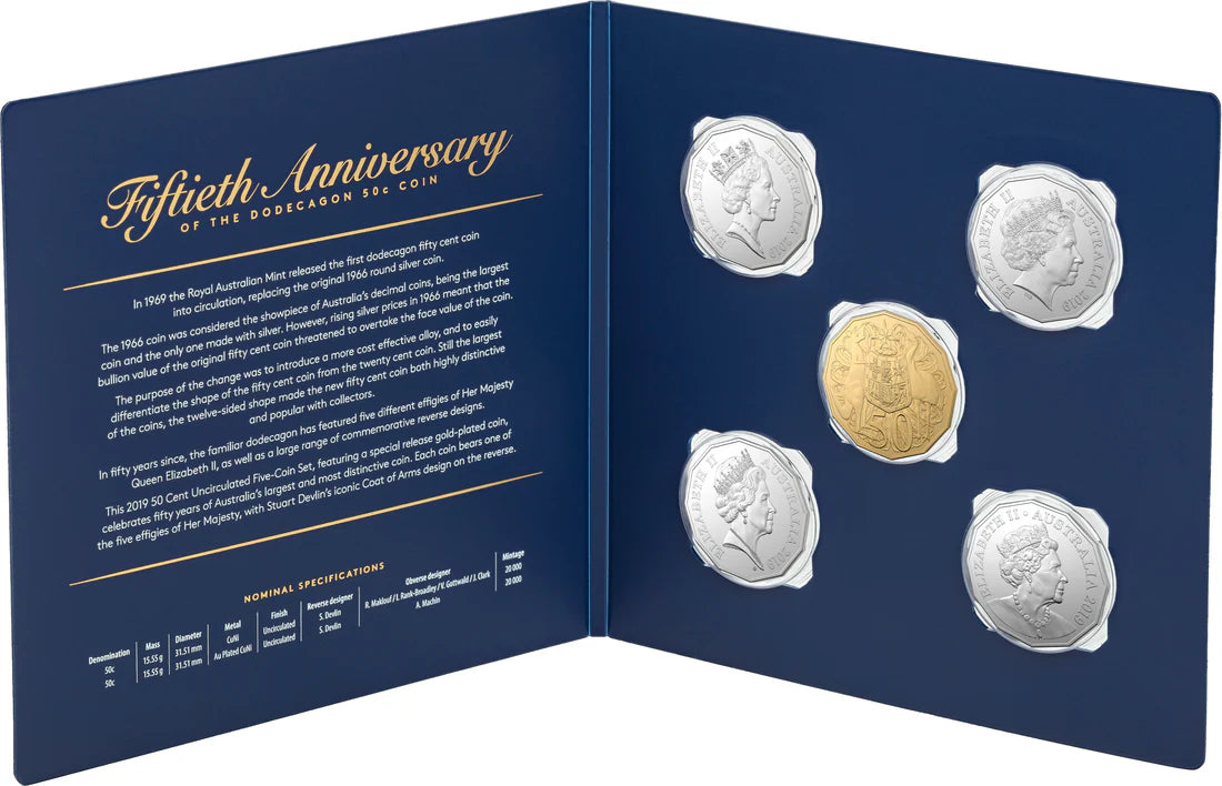 2019 50th Anniversary of The Australian 50c Dodecagon 50 Cent five coin set
