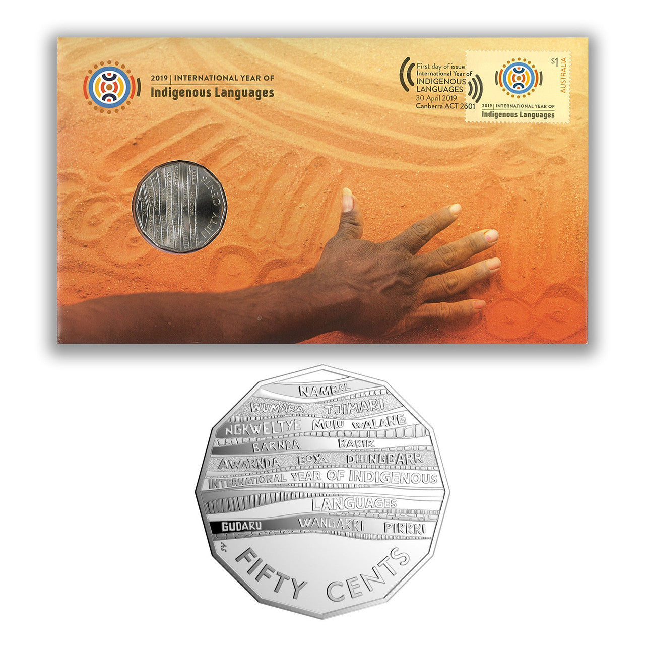 Australia 2019 International Year of Indigenous Language Stamp & 50c Coin Cover - PNC