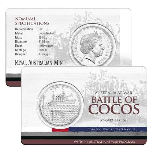 2014 Australia at War - Battle of Cocos 50 Cent con in card