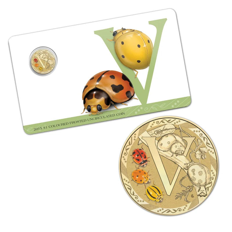 2015 $1 Coloured Frosted Uncirculated Coin Letter "V"
