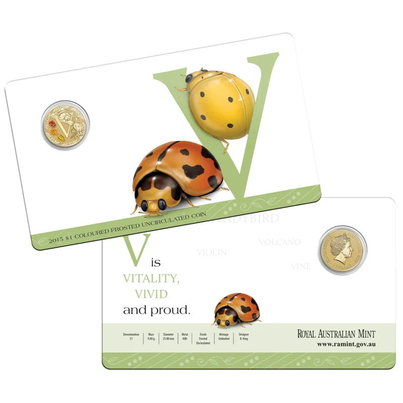 2015 $1 Coloured Frosted Uncirculated Coin Letter "V"