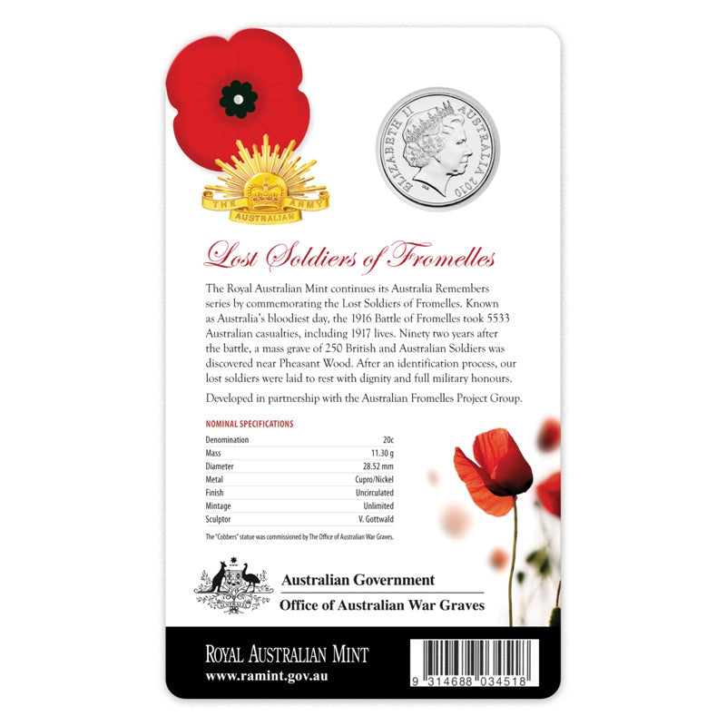 2010 20 Cents Soldiers Of Fromelles Carded UNC