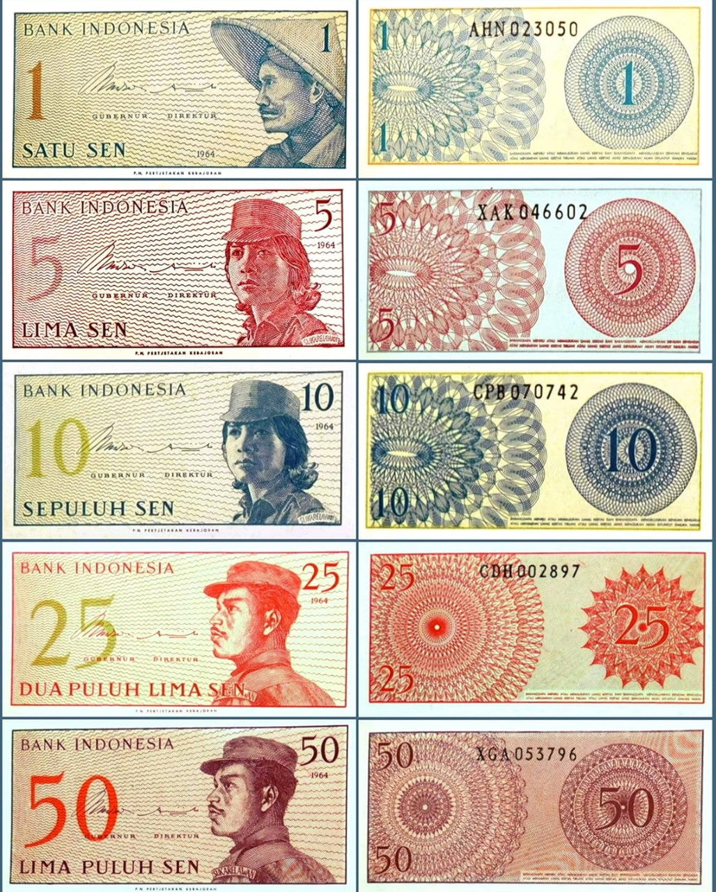 INDONESIA SET OF 5 BANKNOTES 1, 5, 10, 25 & 50 SEN - UNCIRCULATED