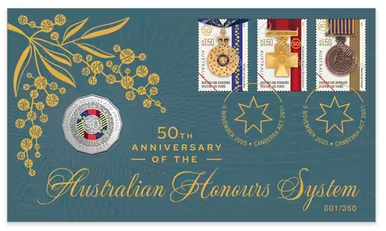 50th Anniversary of Australian Honours System Limited Edition Coin and Mini-sheet PNC