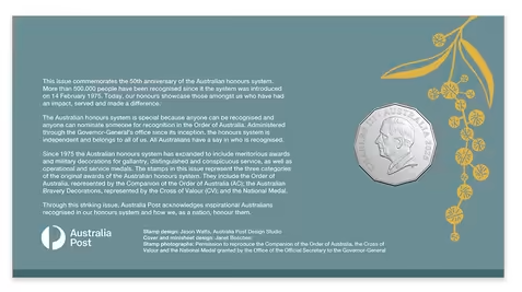 50th Anniversary of Australian Honours System Limited Edition Coin and Mini-sheet PNC