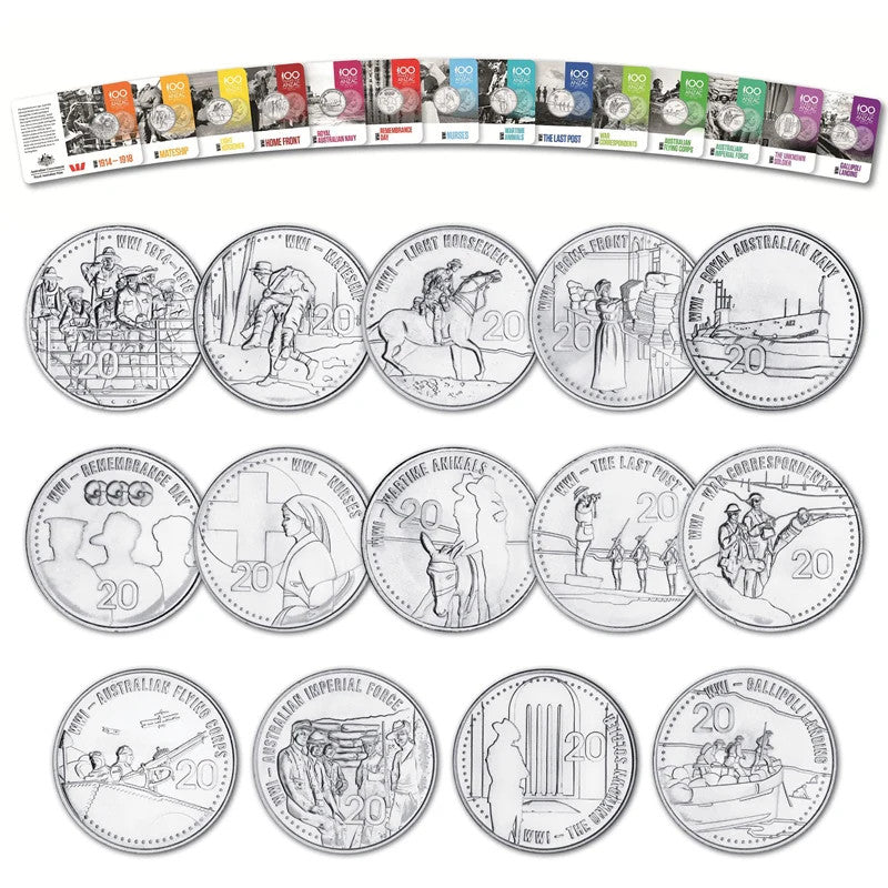 2015 ANZACS Remembered 20c - Set Of 14 Coins