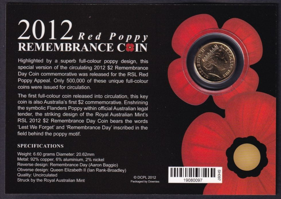Sherwood 2012 Red Poppy Remembrance $2 Two Dollar Carded UNC Coin