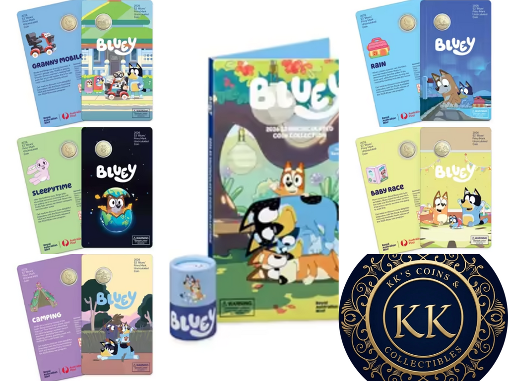 Full Set of 2026 Bluey Including 5 x $2 Carded Coins & Tube with Folder