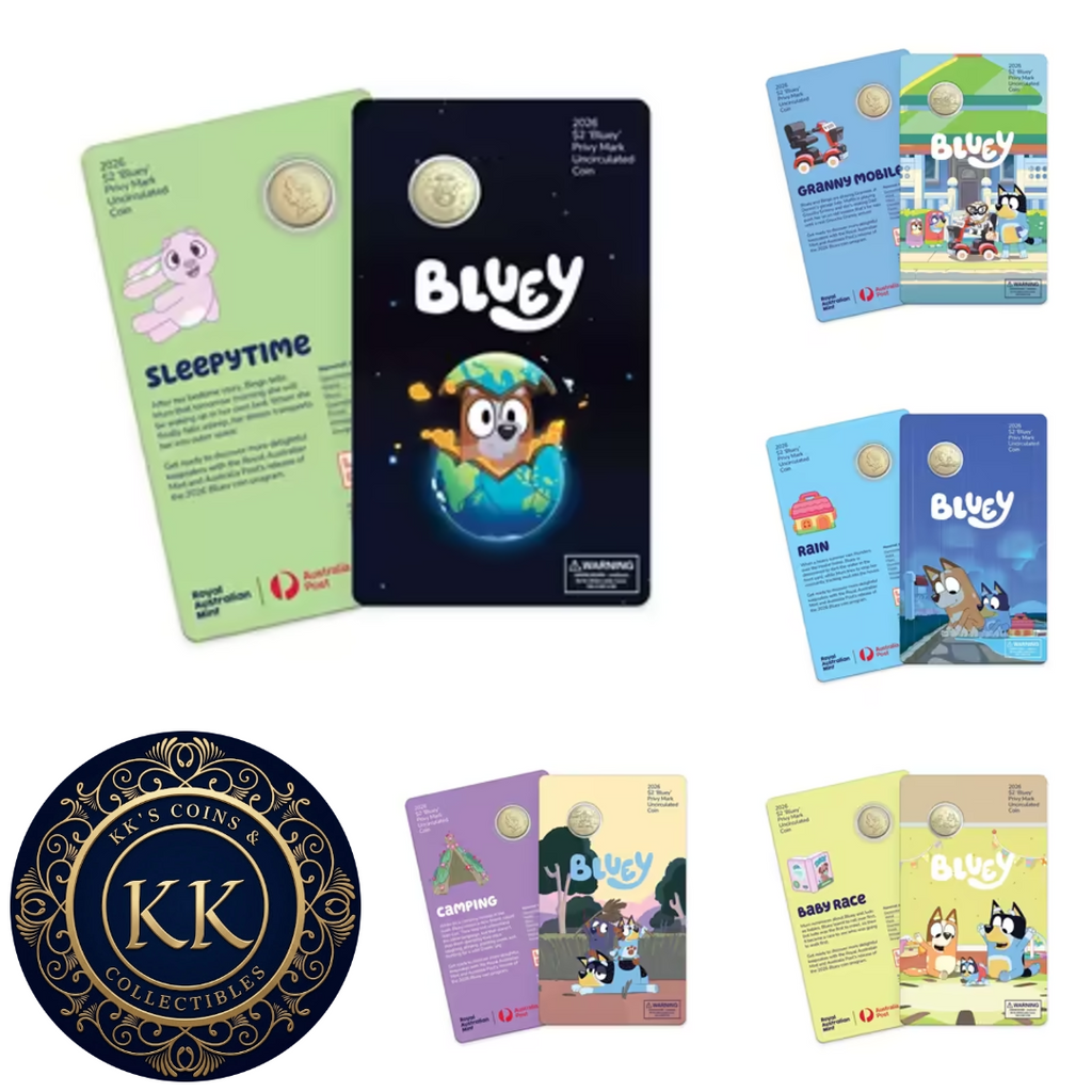 Full Set of 2026 Bluey $2 Carded Coins (5 Carded Coins)
