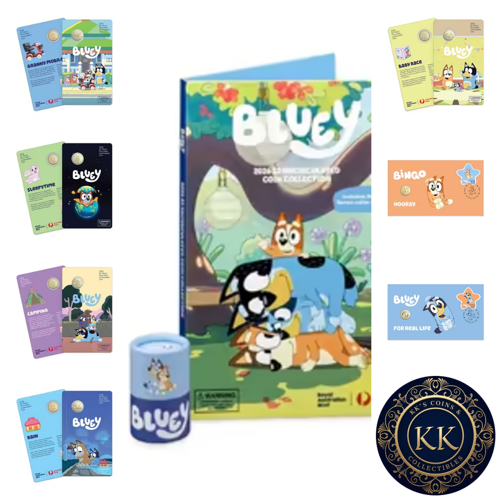 Full Set of 2026 Bluey Including 2 x PNCs, 5 x $2 Carded Coins & Tube with Folder