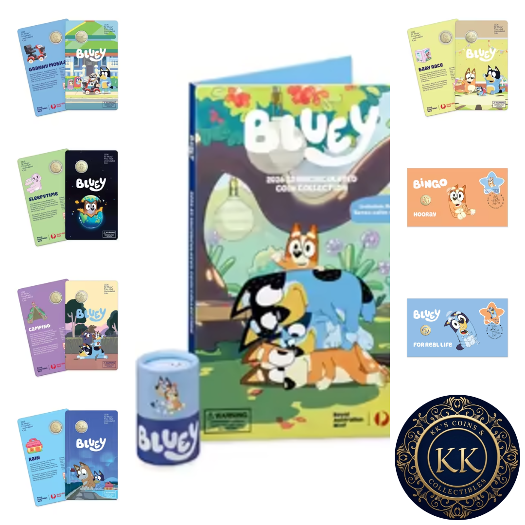 Full Set of 2026 Bluey Including 2 x PNCs, 5 x $2 Carded Coins & Tube with Folder