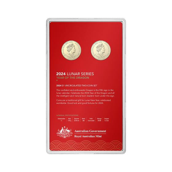 2024 Lunar Calendar New Year of the Dragon $1 Uncirculated 2 Coin Set
