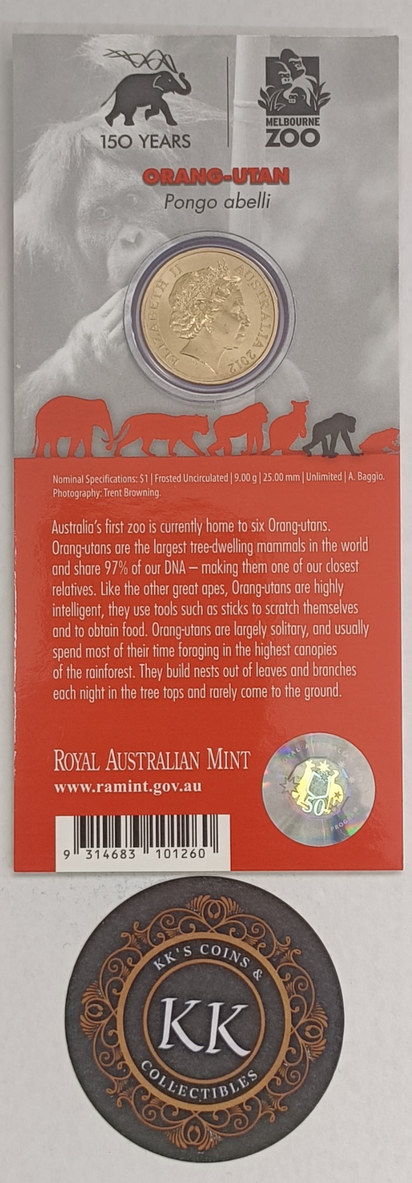 2012 $1 Animals of The Zoo - Orang Utan Uncirculated Coin on Card