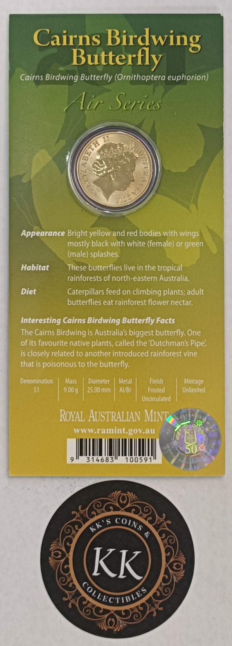 2011 $1 Air Series - Cairns Birdwing Butterfly Uncirculated Coin on Card