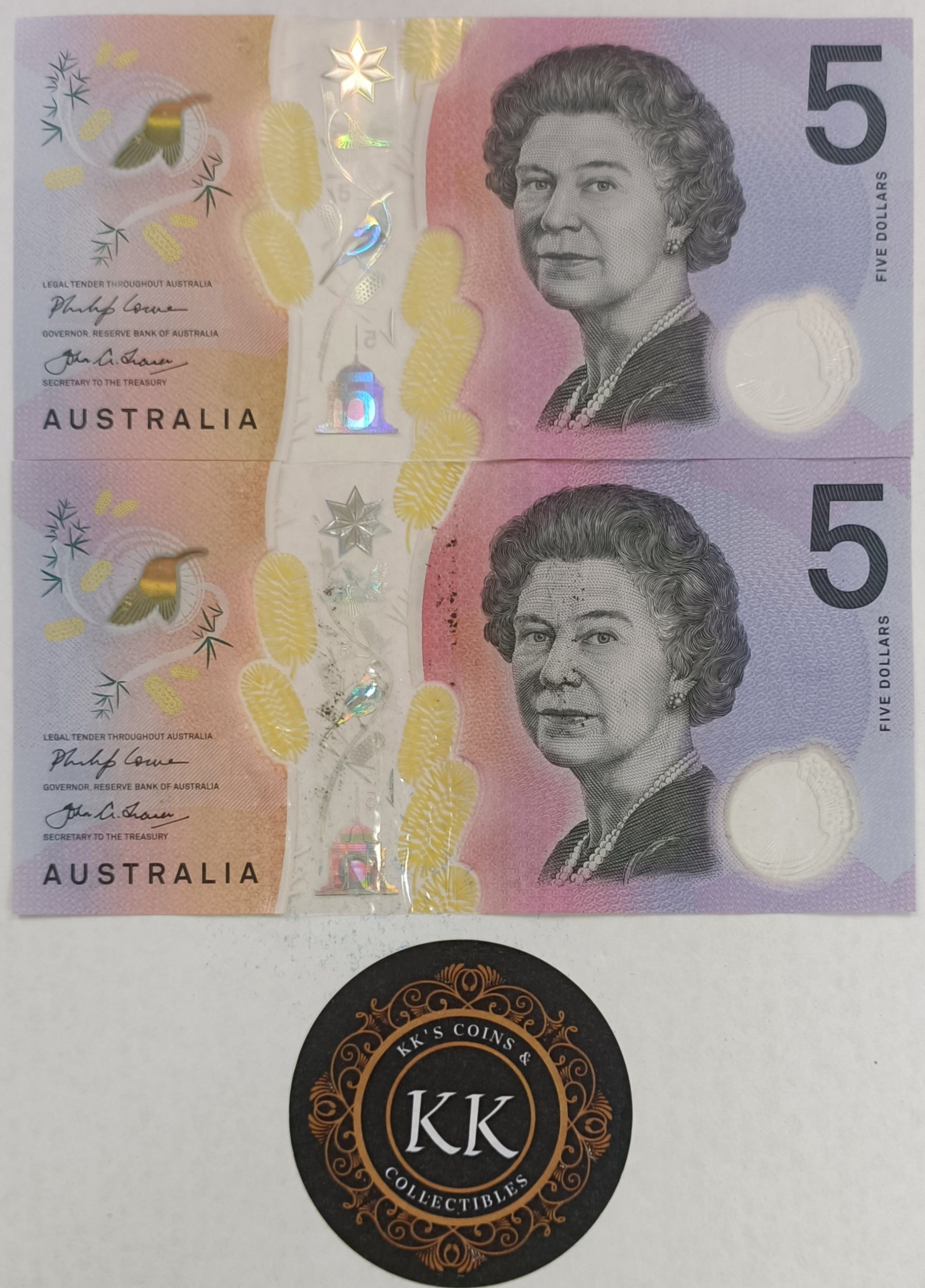 2018 Australia $5 First and Last Prefix Banknotes AA & EJ
