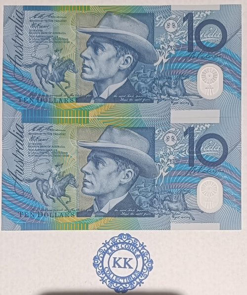 1993 AUSTRALIA 10 DOLLARS BANKNOTES - UNCIRCULATED CONSECUTIVE PAIR- R316a