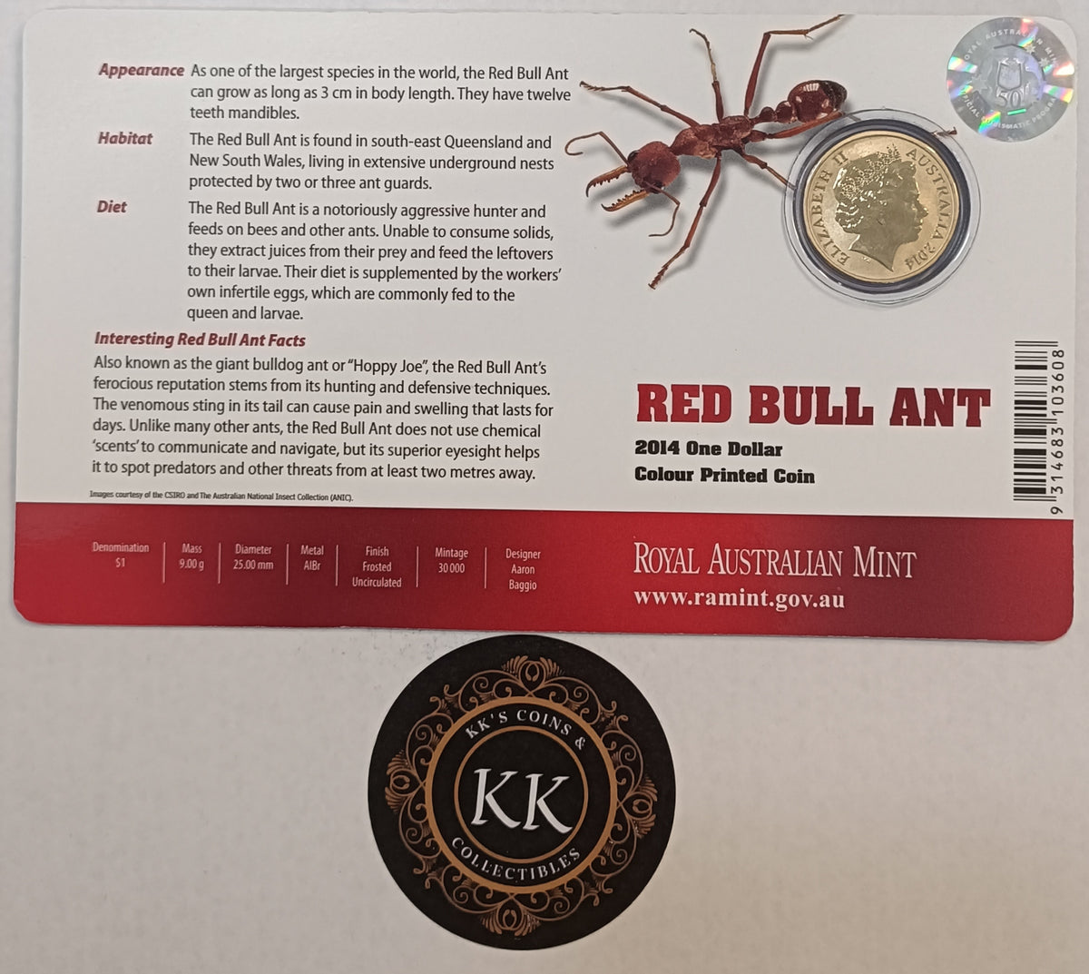 2014 $1 Bright Bugs - Red Bull Ant Uncirculated Coin on Card