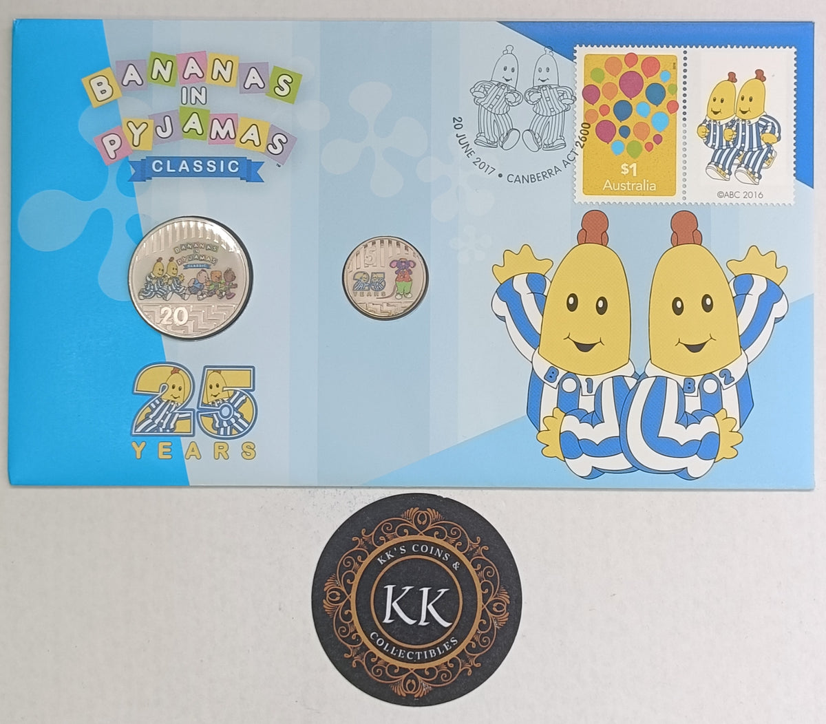 2017 Bananas in Pyjamas 25th Anniversary 20c and 5c Coloured Coin Philatelic Numismatic Cover (PNC)