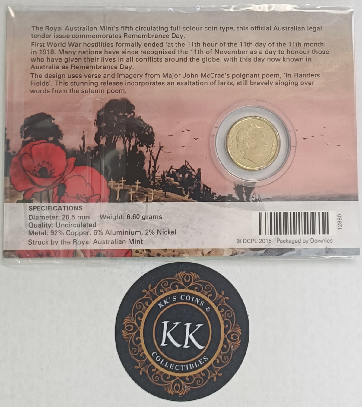2015 $2 Flanders Fields Remembrance Coloured Uncirculated Coin on Card